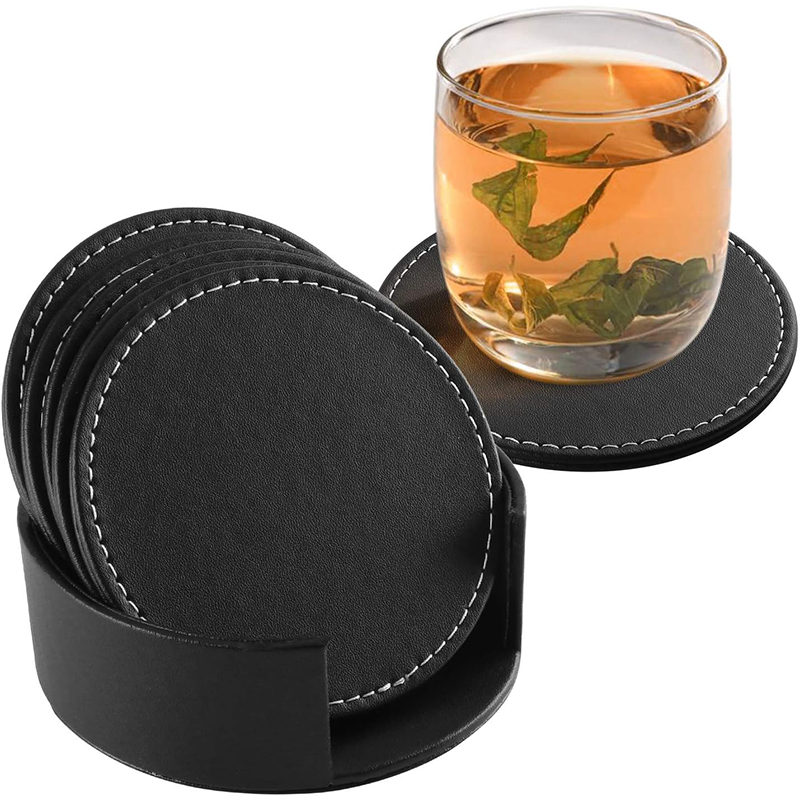 Custom Leather Coasters Set of 6 with Holder – Non-Slip, PU Leather, Bar & Home