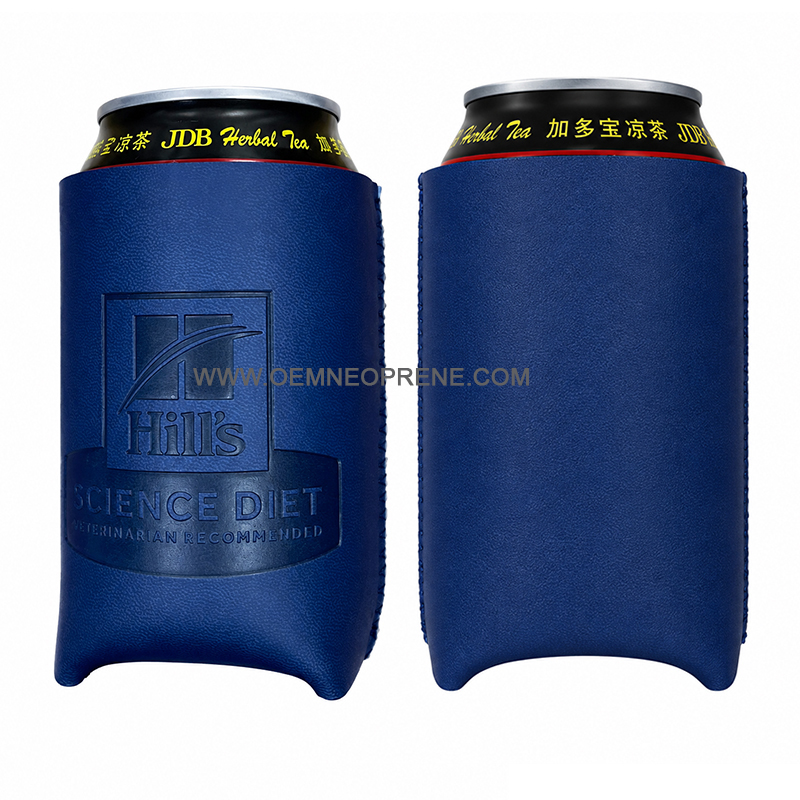 Custom Navy Blue PU Neoprene Koozie | Debossed Logo | Factory Direct